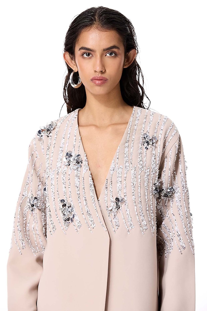 Beige Polyester Embellished Blazer by Kanika Goyal at Pernia's Pop Up Shop