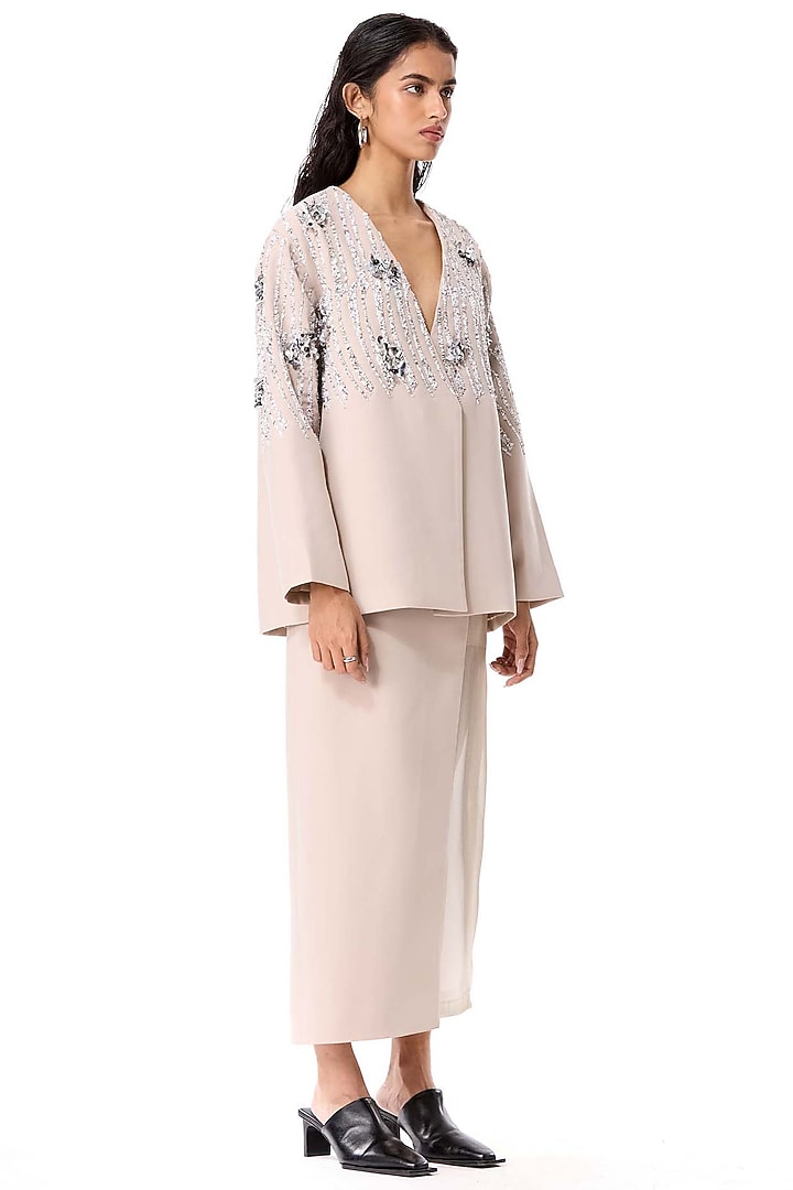 Beige Polyester Embellished Blazer by Kanika Goyal at Pernia's Pop Up Shop