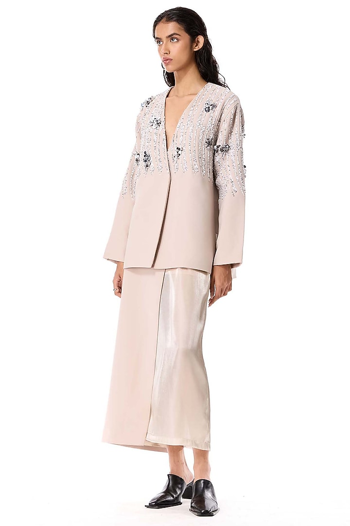 Beige Polyester Embellished Blazer by Kanika Goyal at Pernia's Pop Up Shop