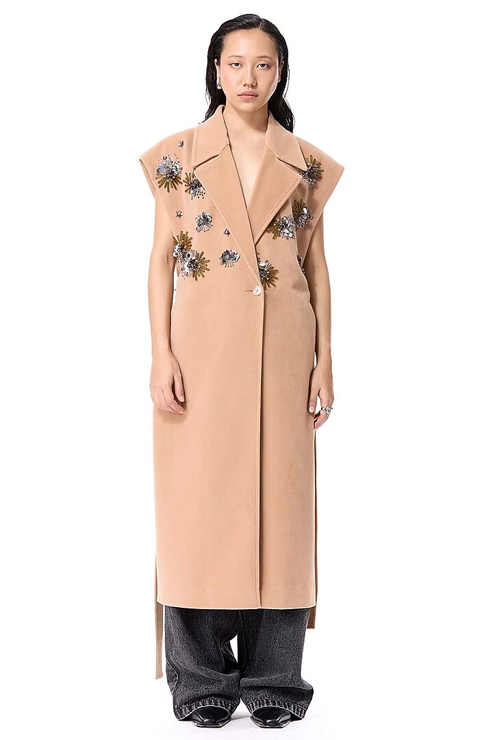 Beige Acrylic & Wool Embellished Coat by Kanika Goyal at Pernia's Pop Up Shop