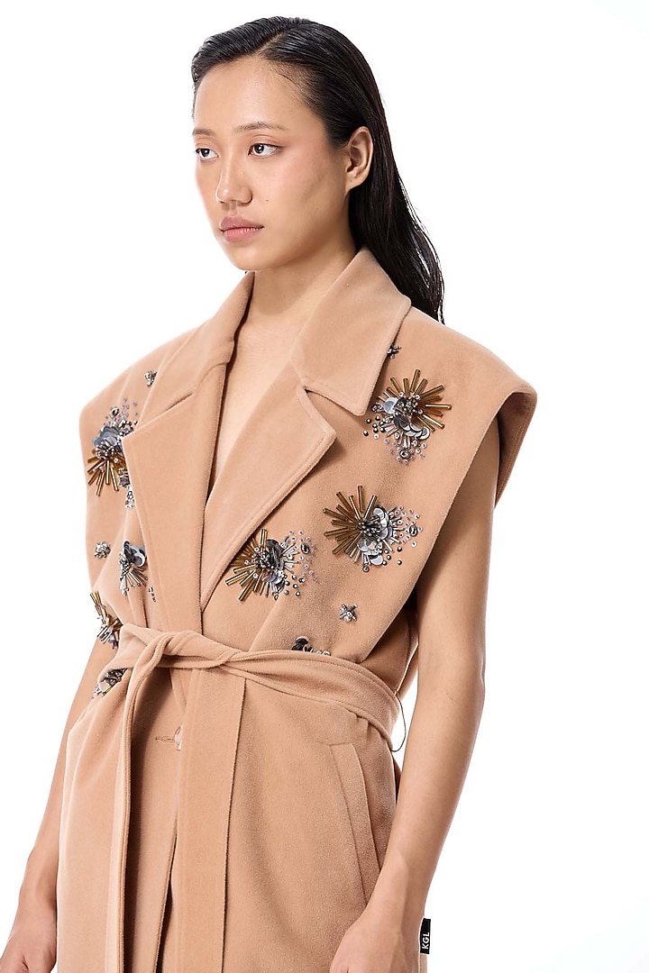 Beige Acrylic & Wool Embellished Coat by Kanika Goyal at Pernia's Pop Up Shop