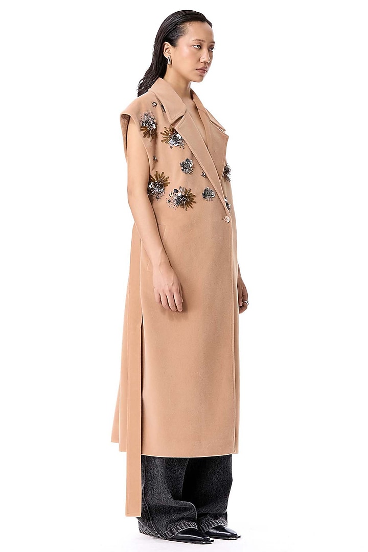 Beige Acrylic & Wool Embellished Coat by Kanika Goyal at Pernia's Pop Up Shop