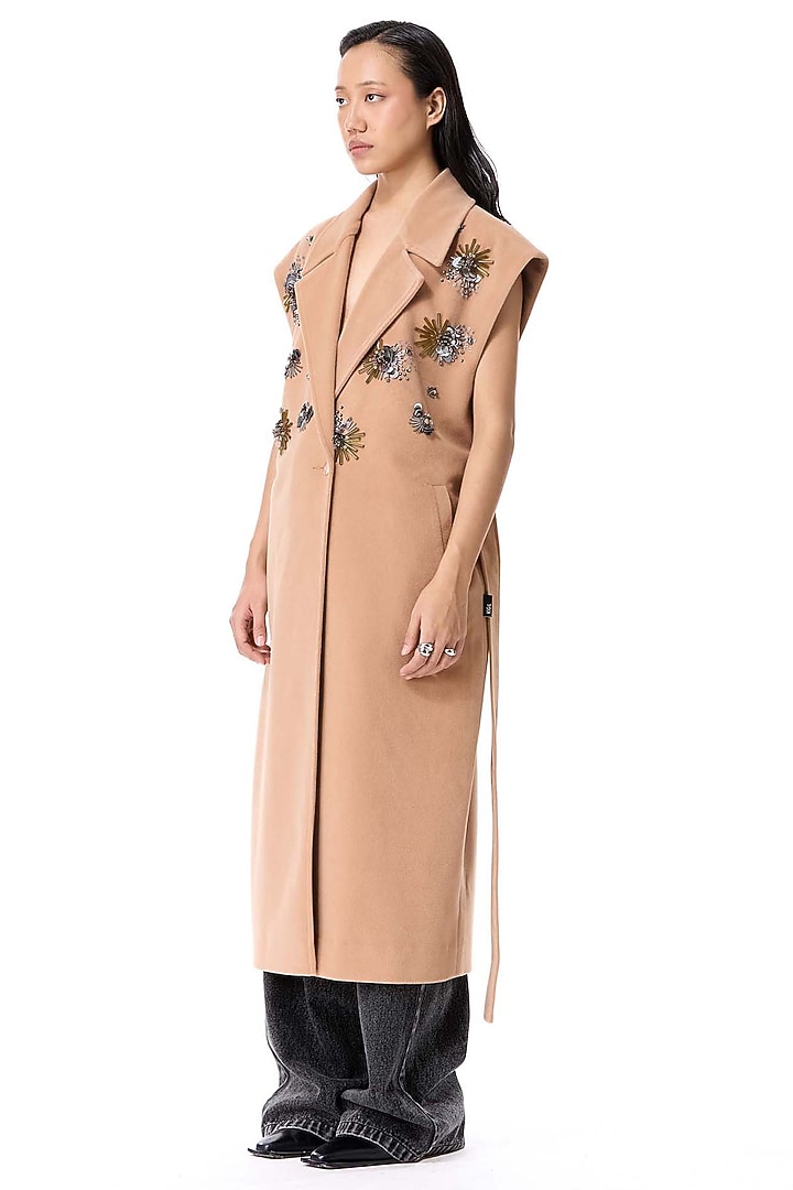 Beige Acrylic & Wool Embellished Coat by Kanika Goyal at Pernia's Pop Up Shop