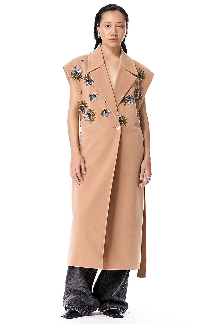 Beige Acrylic & Wool Embellished Coat by Kanika Goyal at Pernia's Pop Up Shop