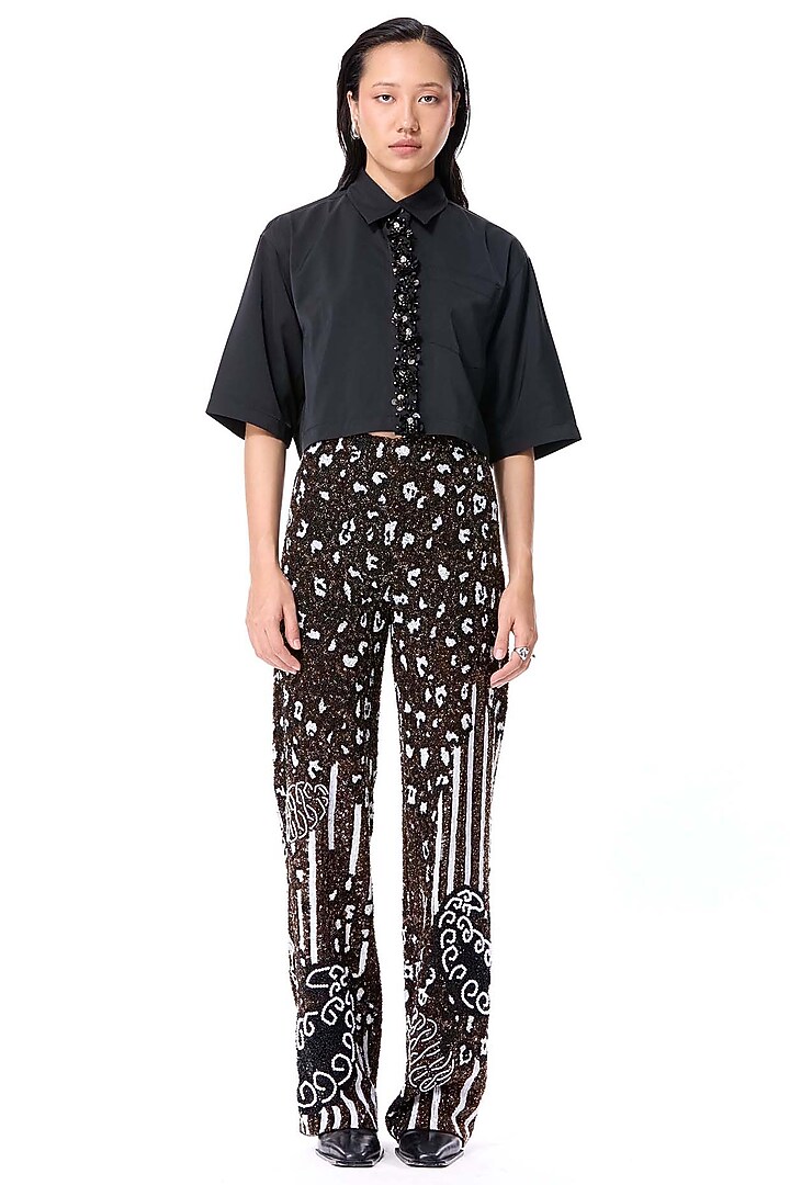 Black Poly Twill Embellished Crop Shirt by Kanika Goyal at Pernia's Pop Up Shop