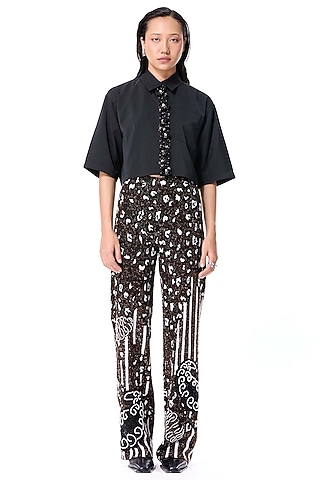 Black Poly Twill Embellished Crop Shirt by Kanika Goyal
