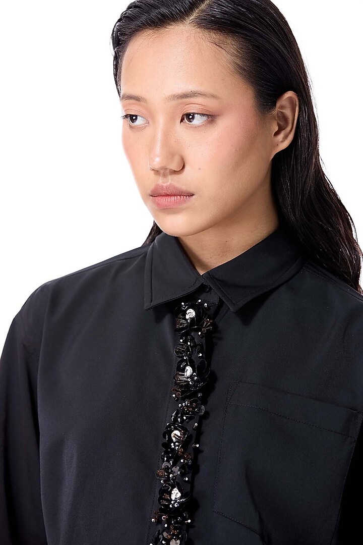 Black Poly Twill Embellished Crop Shirt by Kanika Goyal at Pernia's Pop Up Shop