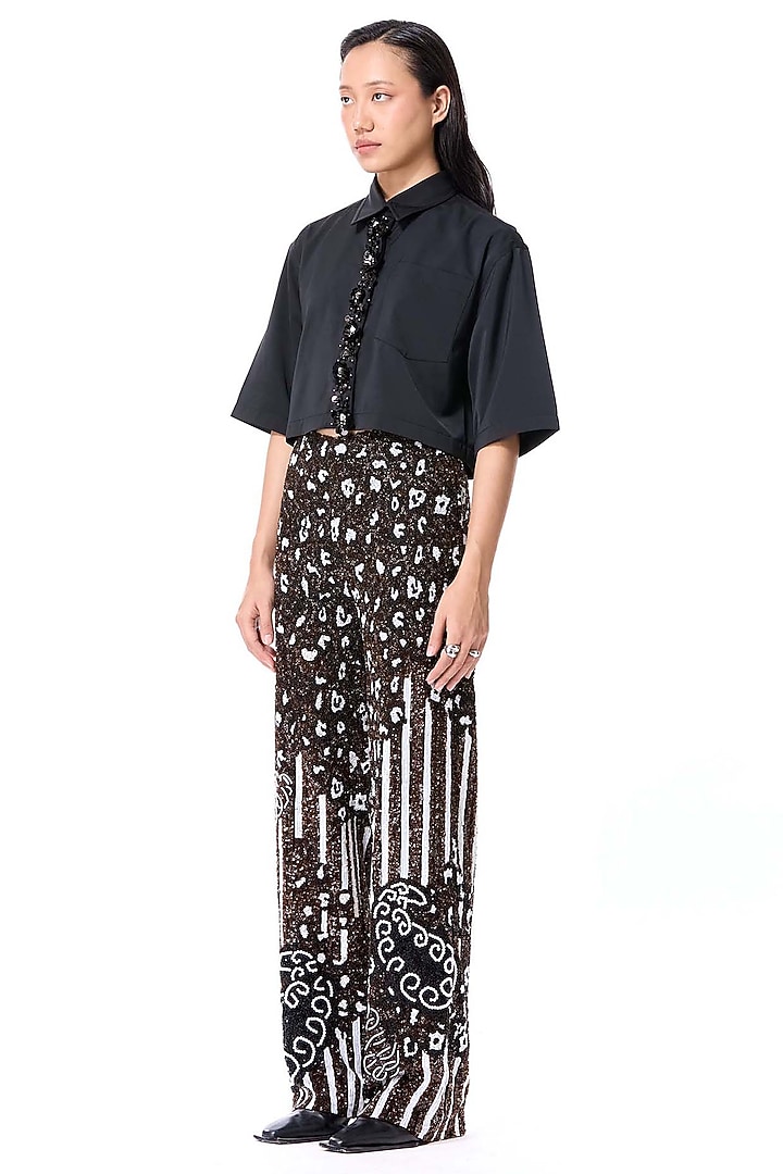 Black Poly Twill Embellished Crop Shirt by Kanika Goyal at Pernia's Pop Up Shop