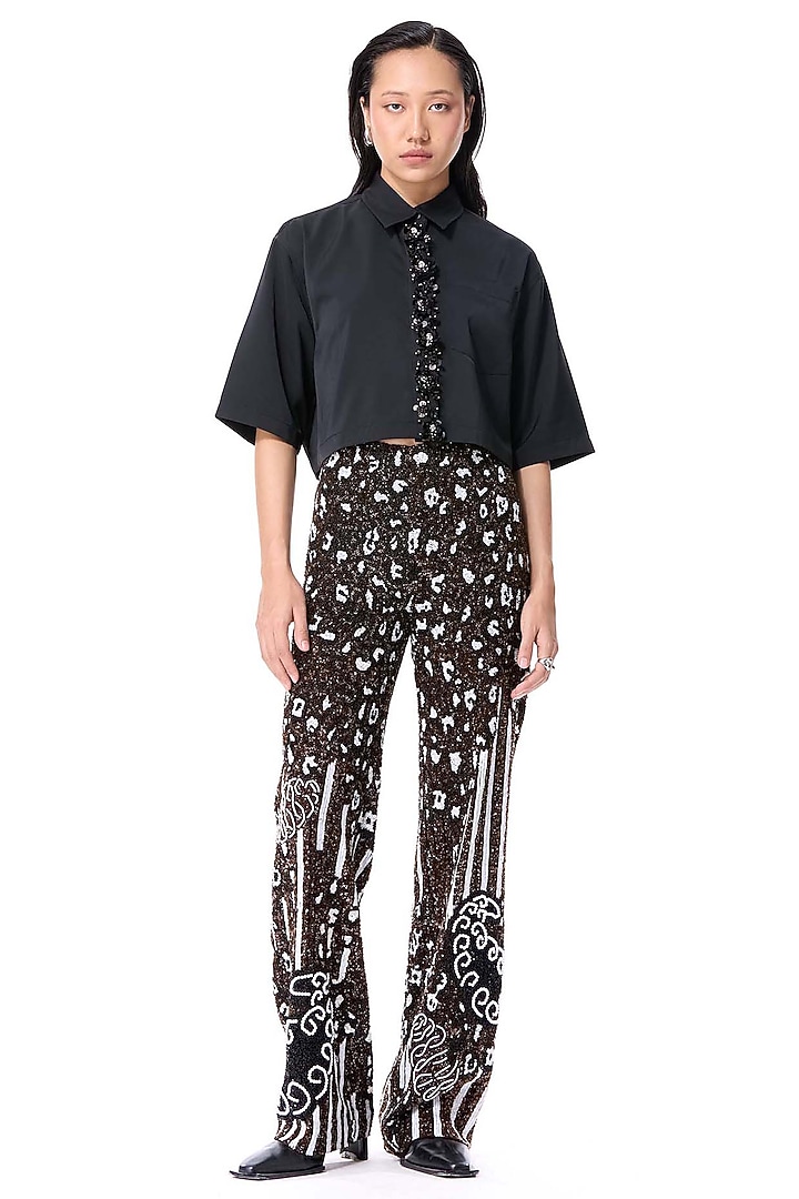 Black Poly Twill Embellished Crop Shirt by Kanika Goyal at Pernia's Pop Up Shop