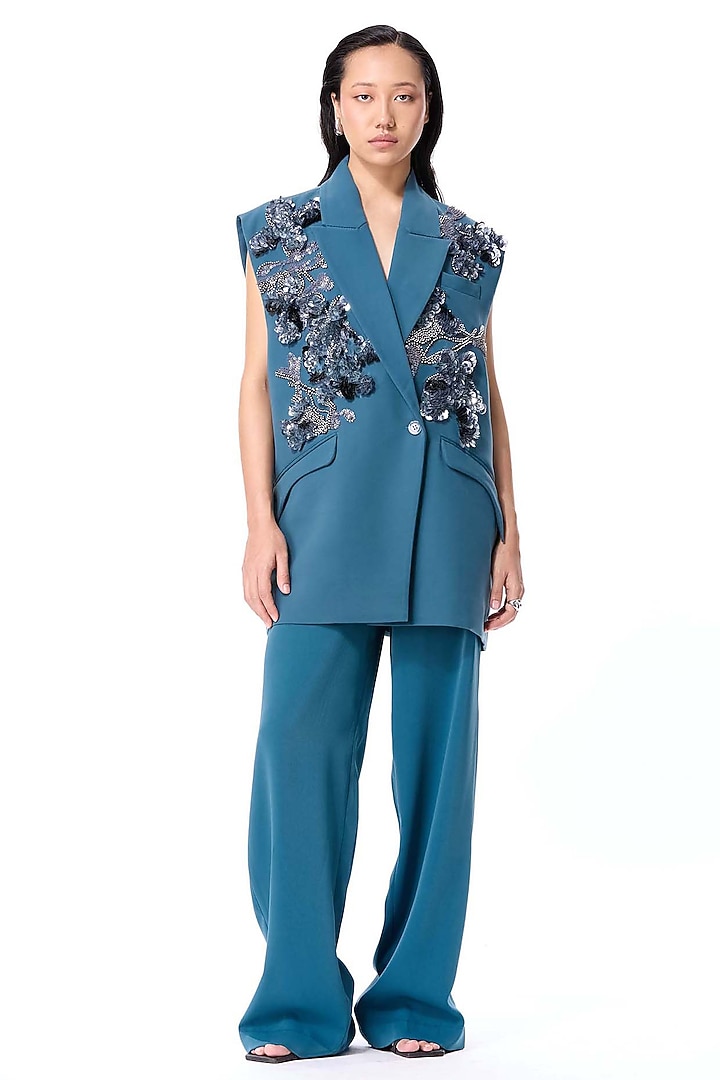 Teal Polyester Embellished Blazer by Kanika Goyal at Pernia's Pop Up Shop