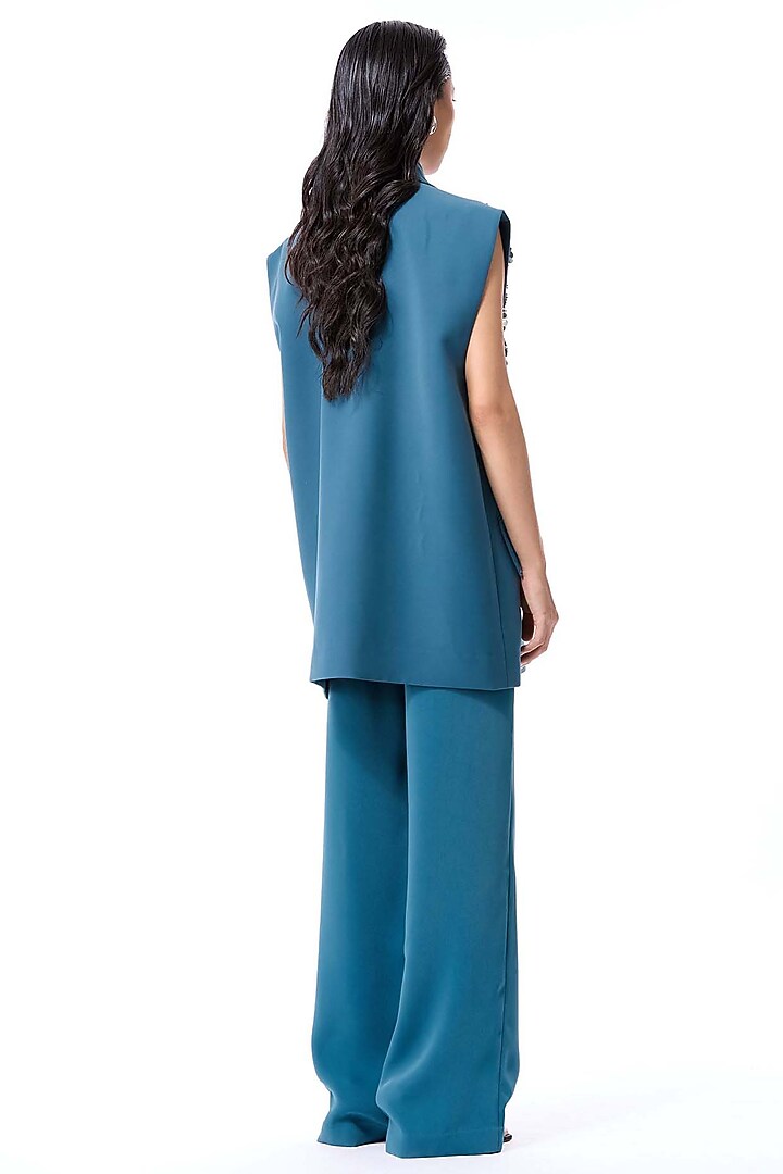 Teal Polyester Embellished Blazer by Kanika Goyal at Pernia's Pop Up Shop
