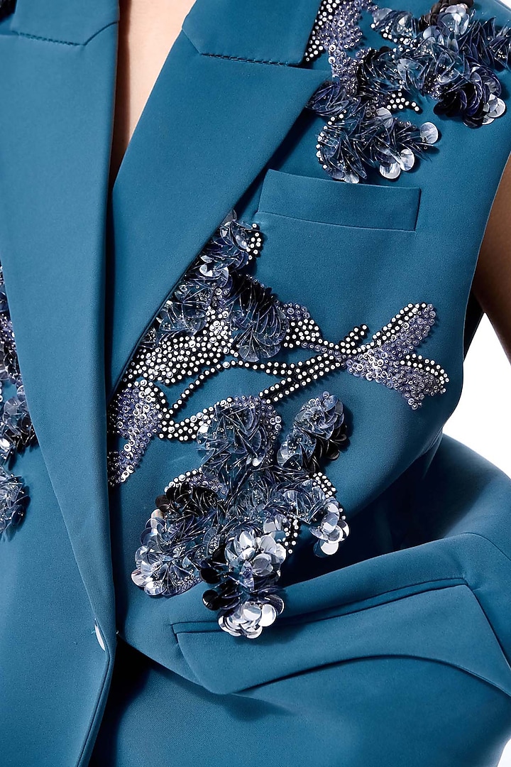 Teal Polyester Embellished Blazer by Kanika Goyal at Pernia's Pop Up Shop