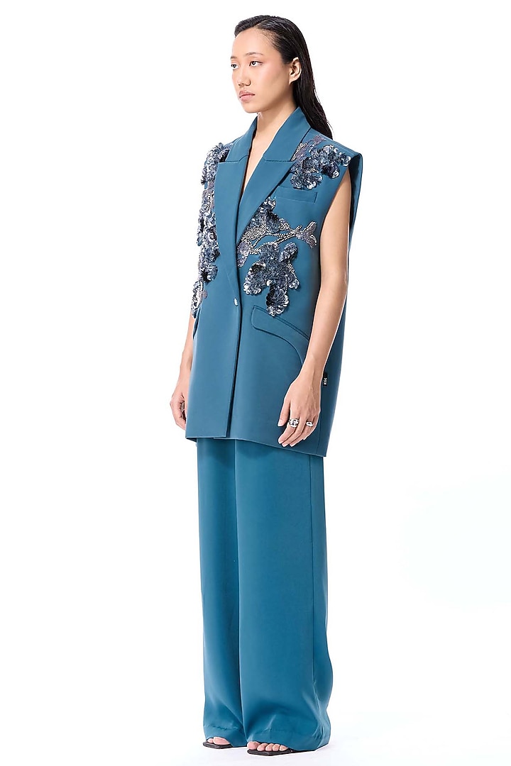 Teal Polyester Embellished Blazer by Kanika Goyal at Pernia's Pop Up Shop