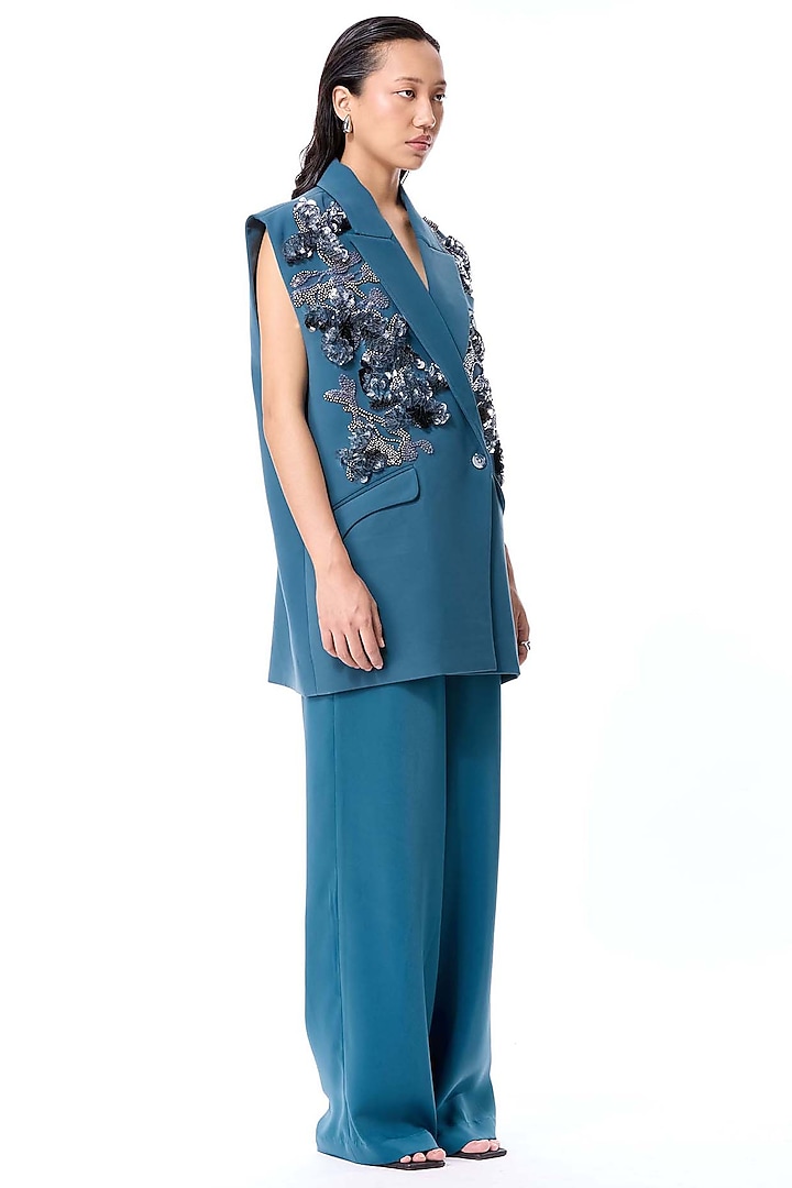 Teal Polyester Embellished Blazer by Kanika Goyal at Pernia's Pop Up Shop