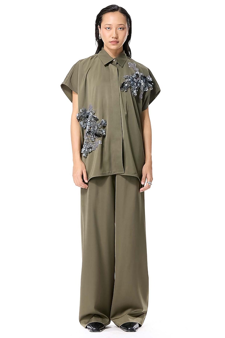 Olive Poly Twill Pants by Kanika Goyal at Pernia's Pop Up Shop