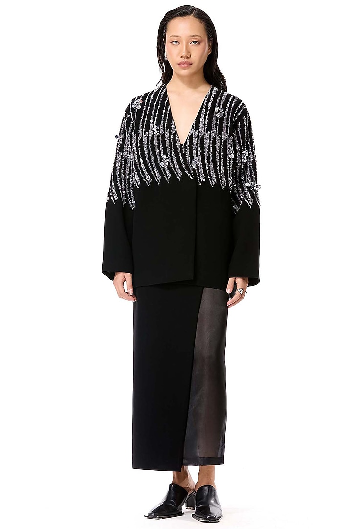Black Polyester Embellished Blazer by Kanika Goyal at Pernia's Pop Up Shop