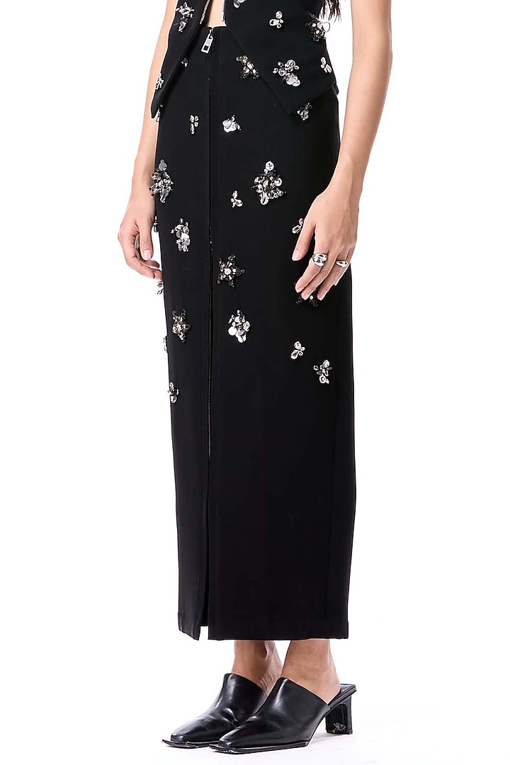 Black Polyester Embellished Midi Skirt by Kanika Goyal at Pernia's Pop Up Shop