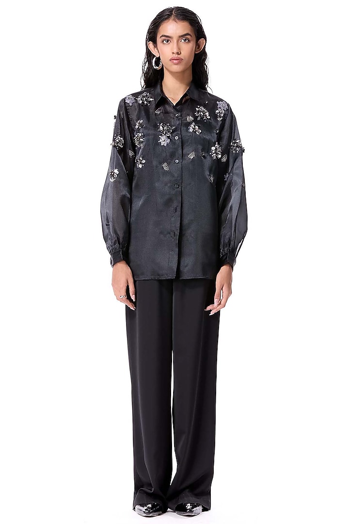 Black Polyester Pants by Kanika Goyal at Pernia's Pop Up Shop