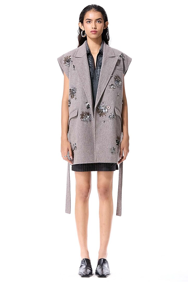 Grey Acrylic & Wool Embellished Vest by Kanika Goyal at Pernia's Pop Up Shop