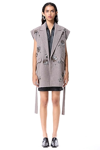 Grey Acrylic & Wool Embellished Vest by Kanika Goyal