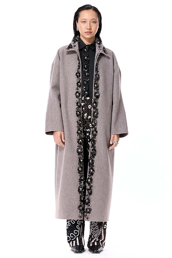 Grey Acrylic & Wool Embellished Coat by Kanika Goyal at Pernia's Pop Up Shop