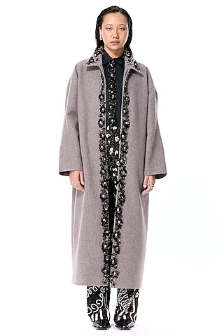 Grey Acrylic & Wool Embellished Coat by Kanika Goyal