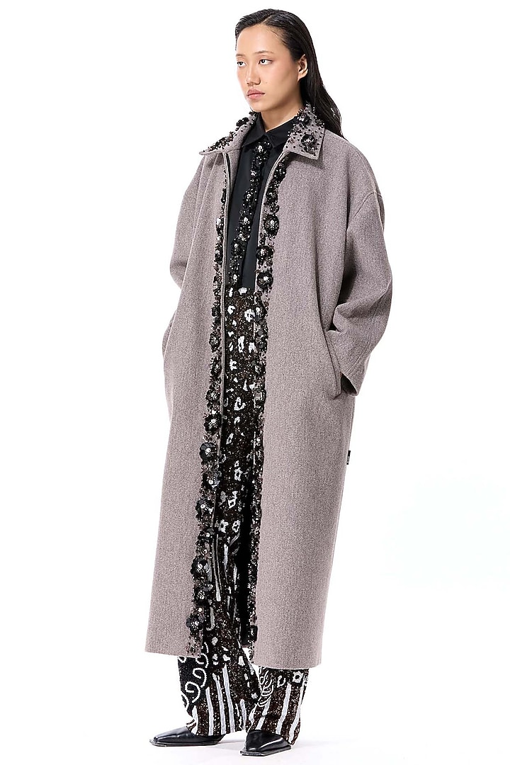 Grey Acrylic & Wool Embellished Coat by Kanika Goyal at Pernia's Pop Up Shop