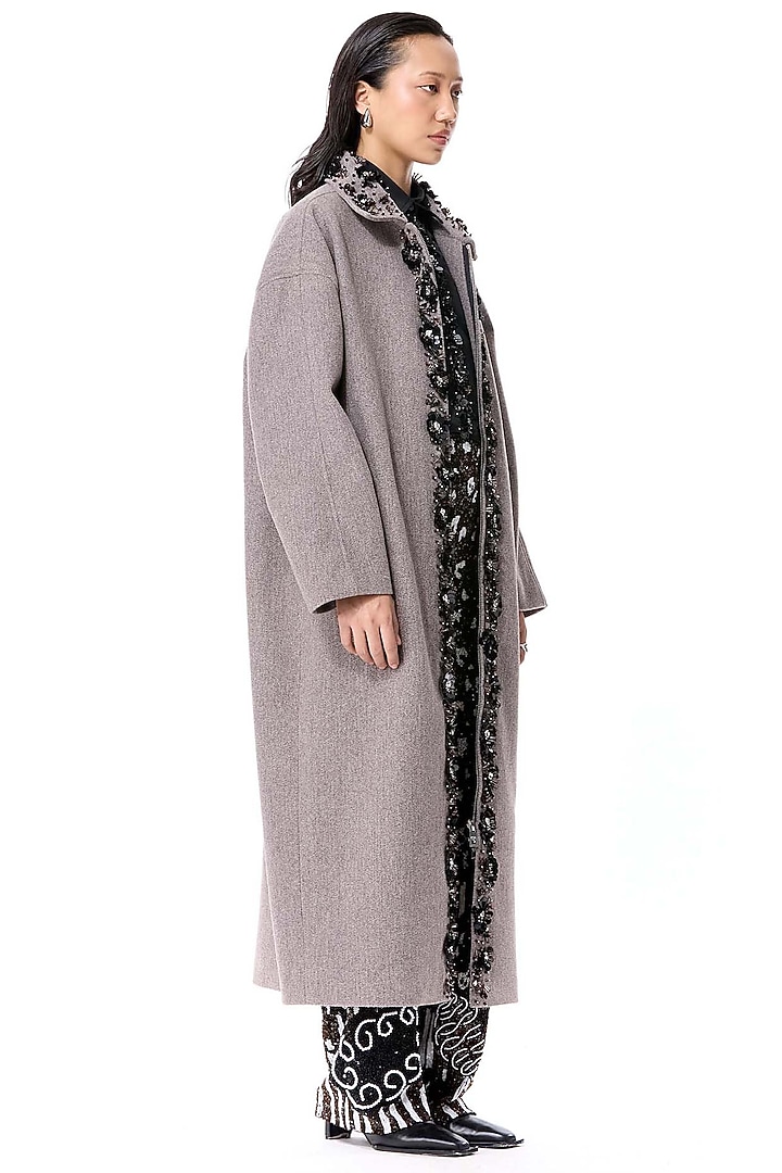 Grey Acrylic & Wool Embellished Coat by Kanika Goyal at Pernia's Pop Up Shop