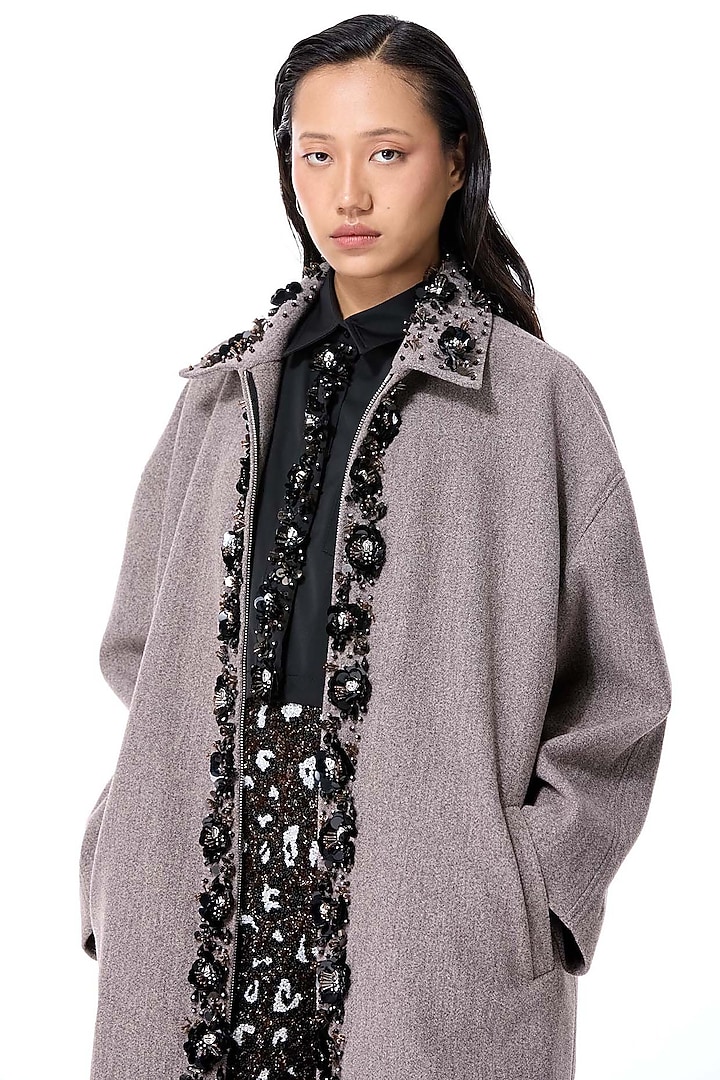 Grey Acrylic & Wool Embellished Coat by Kanika Goyal at Pernia's Pop Up Shop