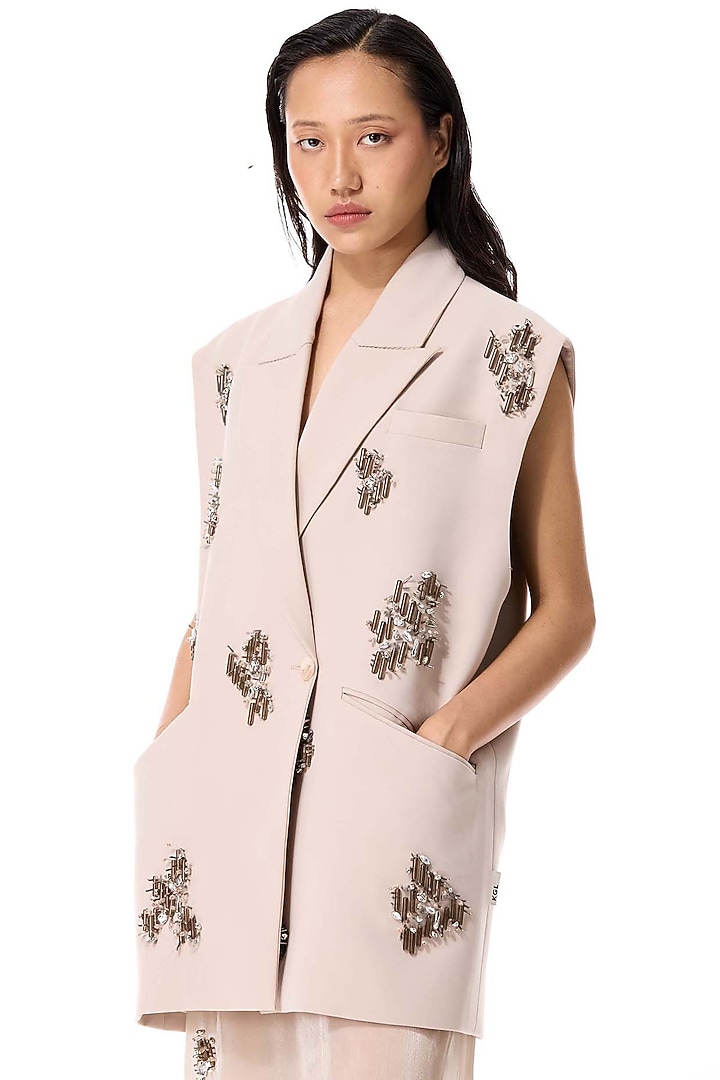 Beige Acrylic & Wool Embellished Vest by Kanika Goyal at Pernia's Pop Up Shop