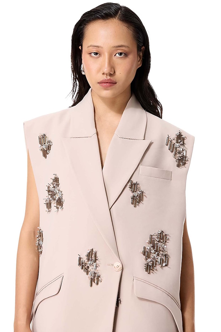 Beige Acrylic & Wool Embellished Vest by Kanika Goyal at Pernia's Pop Up Shop