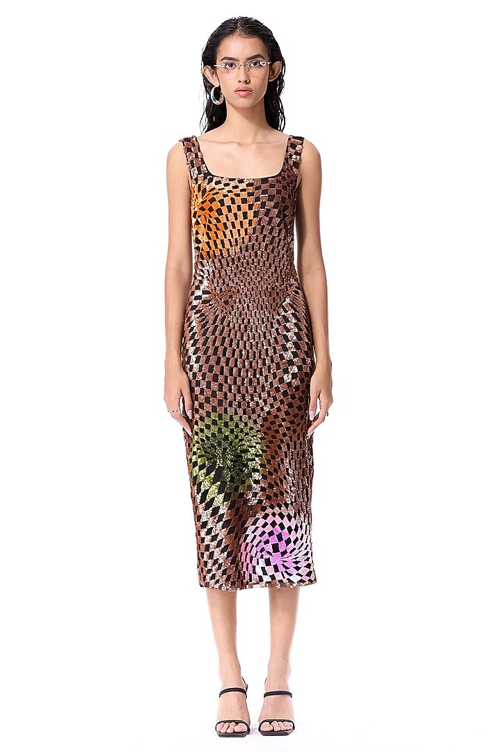 Multi-Colored Polyester Hand Embellished Midi Party Wear Dress by Kanika Goyal at Pernia's Pop Up Shop