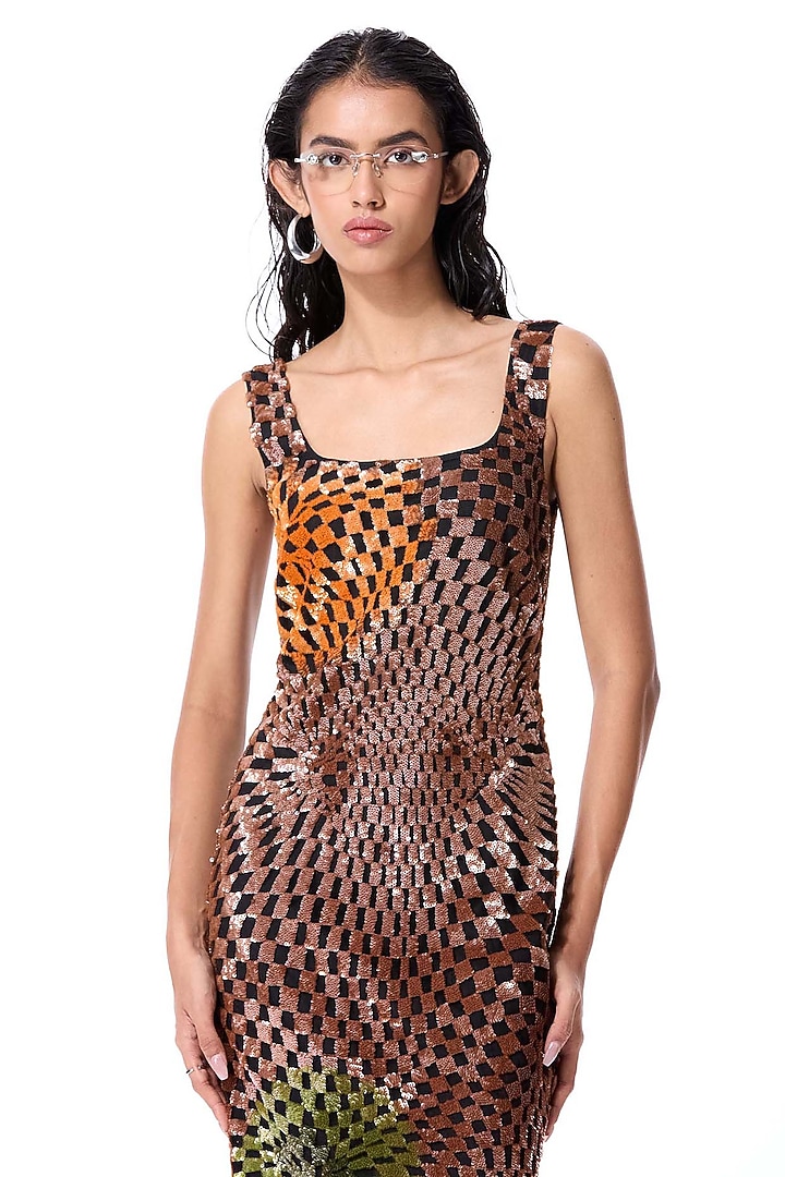 Multi-Colored Polyester Hand Embellished Midi Party Wear Dress by Kanika Goyal at Pernia's Pop Up Shop