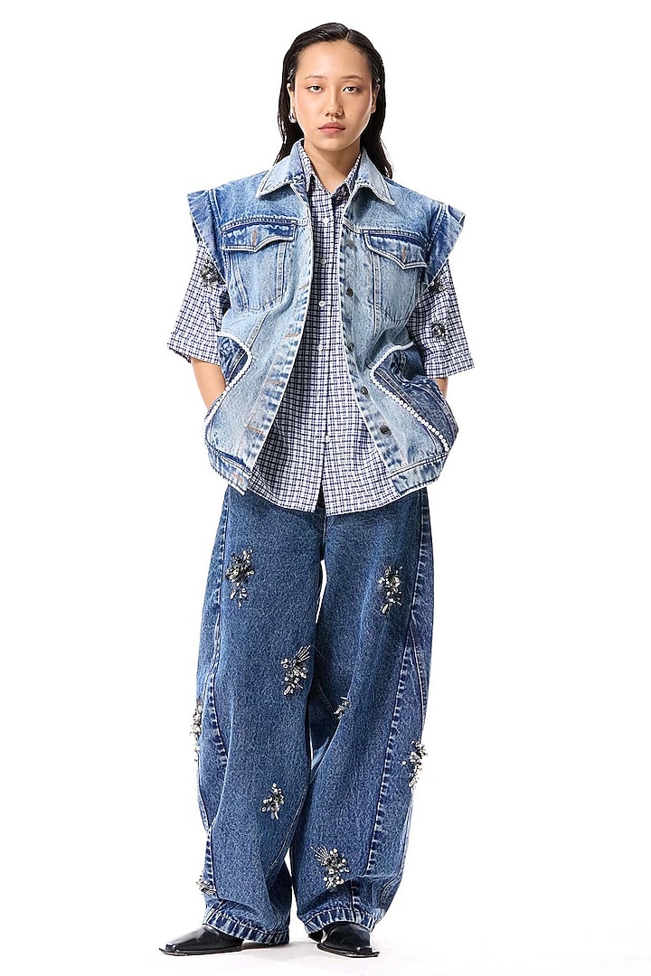 Blue Cotton Embellished Denim Vest by Kanika Goyal at Pernia's Pop Up Shop