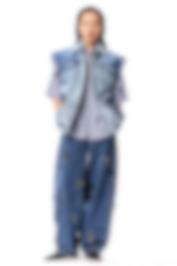 Blue Cotton Hand Embellished Denim Pants by Kanika Goyal at Pernia's Pop Up Shop