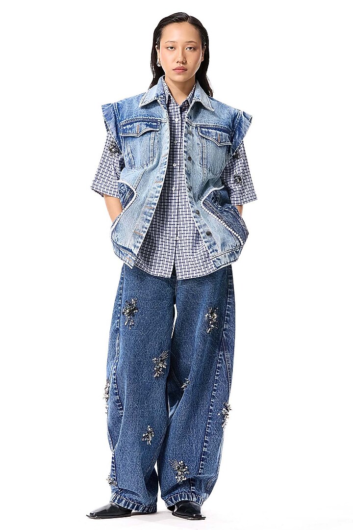 Blue Cotton Hand Embellished Denim Pants by Kanika Goyal at Pernia's Pop Up Shop