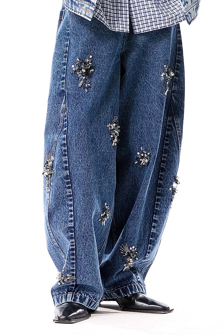 Blue Cotton Hand Embellished Denim Pants by Kanika Goyal at Pernia's Pop Up Shop