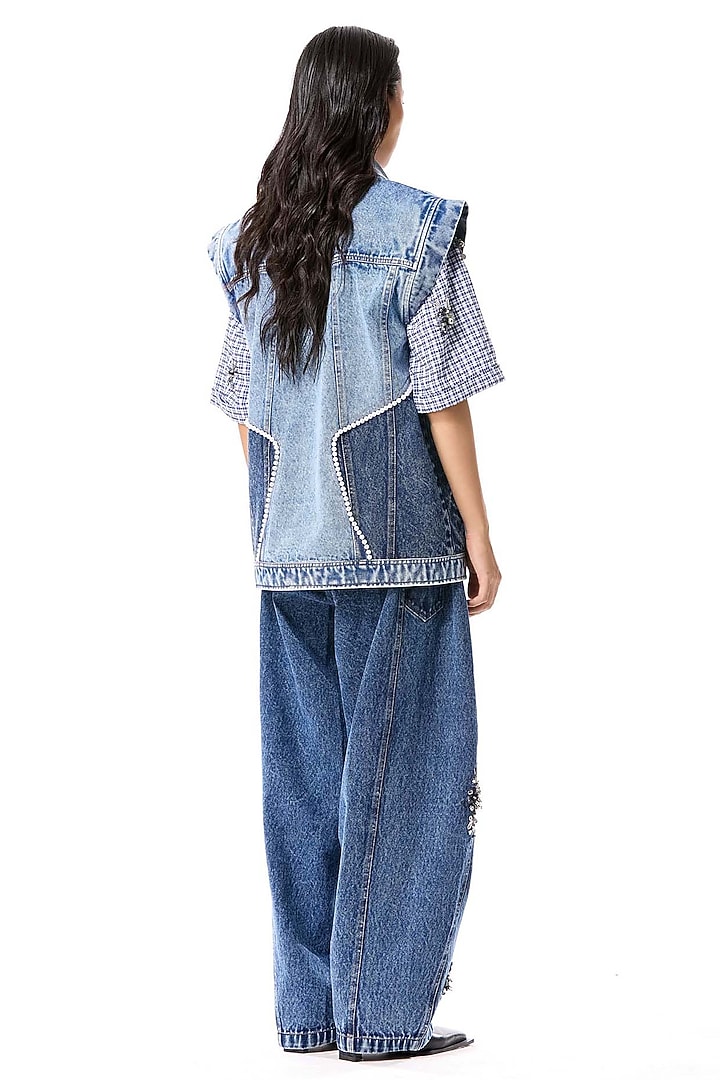 Blue Cotton Hand Embellished Denim Pants by Kanika Goyal at Pernia's Pop Up Shop