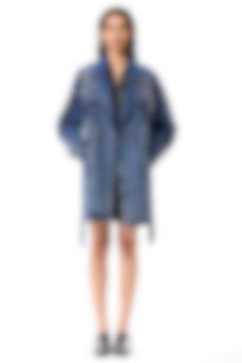 Blue Cotton Embellished Denim Trench Coat by Kanika Goyal at Pernia's Pop Up Shop
