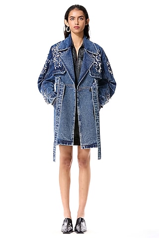 Blue Cotton Embellished Denim Trench Coat by Kanika Goyal