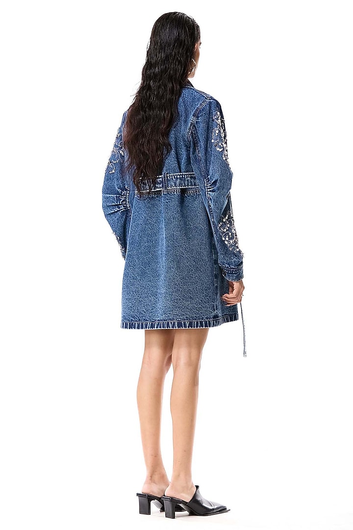 Blue Cotton Embellished Denim Trench Coat by Kanika Goyal at Pernia's Pop Up Shop