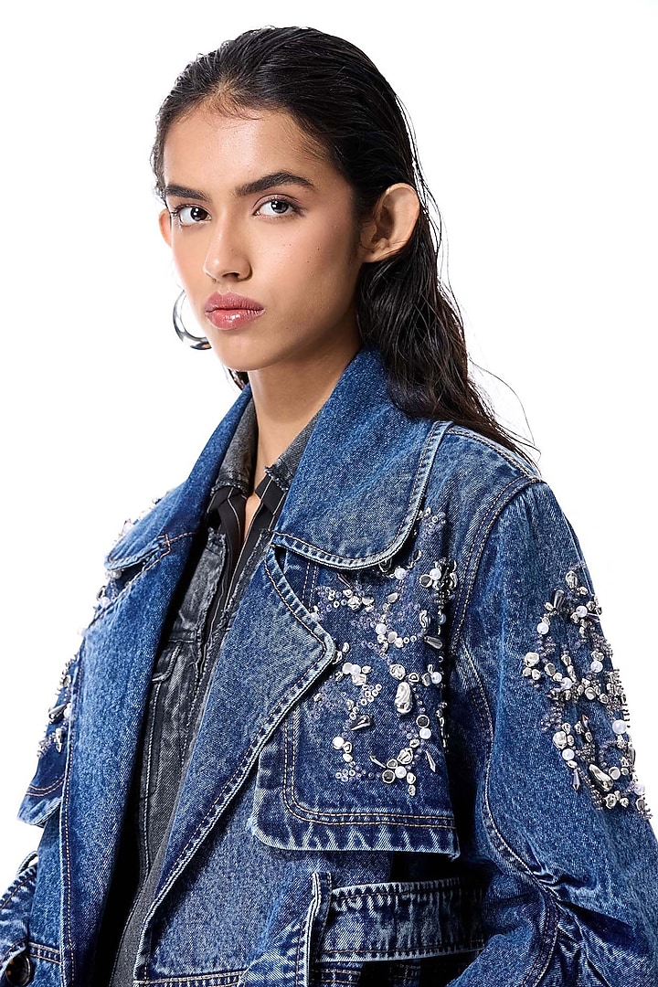 Blue Cotton Embellished Denim Trench Coat by Kanika Goyal at Pernia's Pop Up Shop