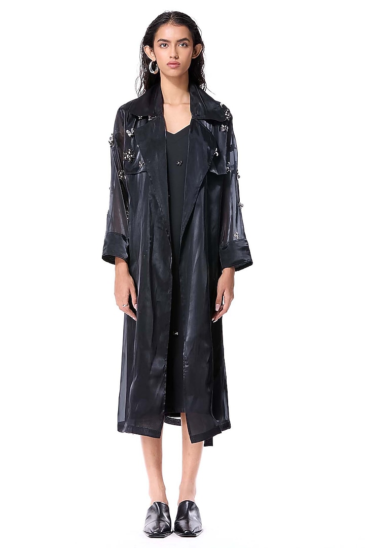 Black Polyester Embellished Trench Coat by Kanika Goyal at Pernia's Pop Up Shop
