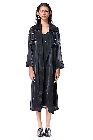 Black Polyester Embellished Trench Coat by Kanika Goyal