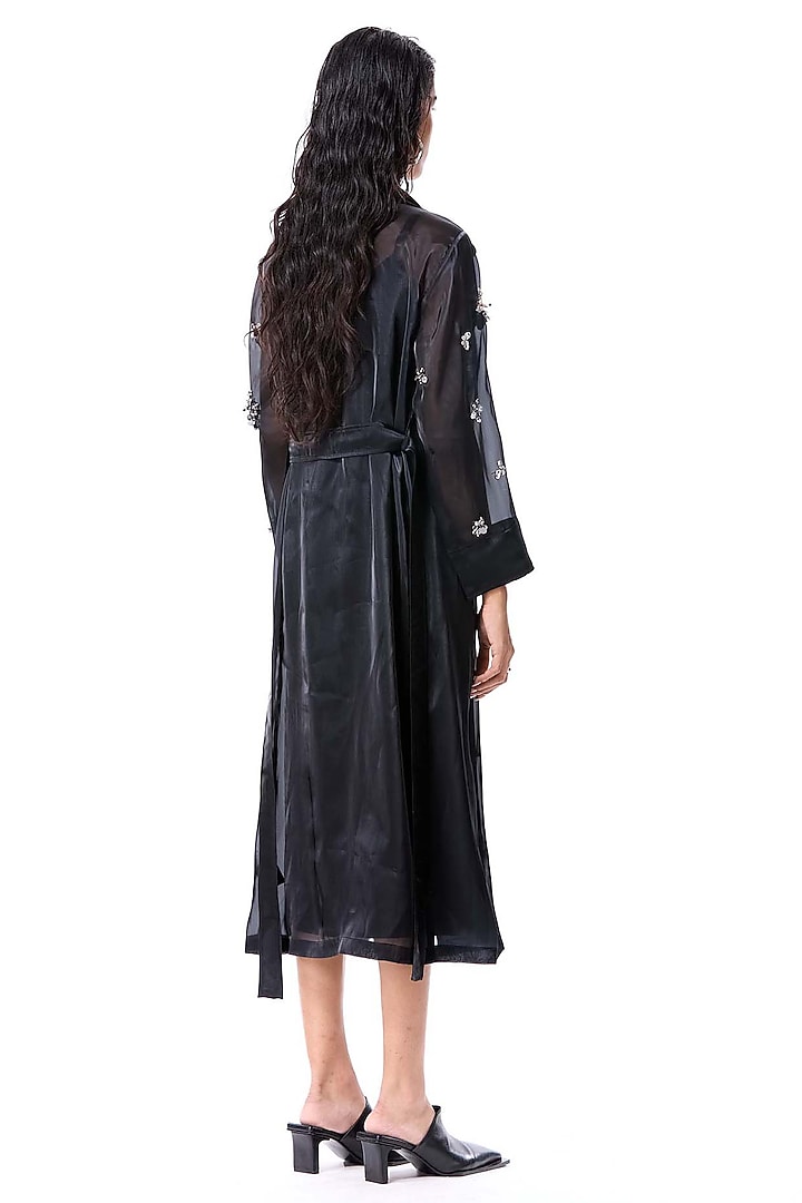 Black Polyester Embellished Trench Coat by Kanika Goyal at Pernia's Pop Up Shop