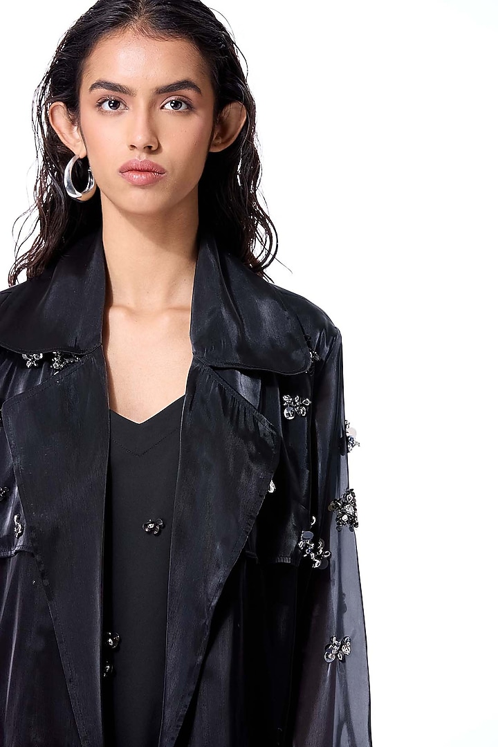 Black Polyester Embellished Trench Coat by Kanika Goyal at Pernia's Pop Up Shop