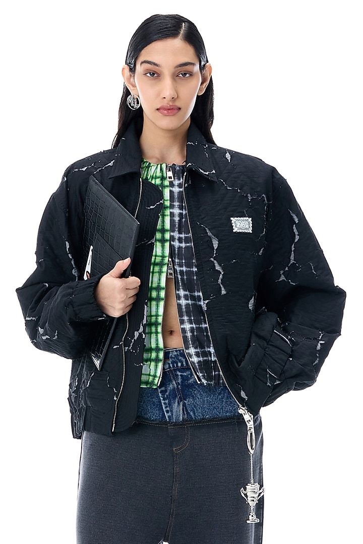 Black Cotton Bomber Jacket by Kanika Goyal at Pernia's Pop Up Shop