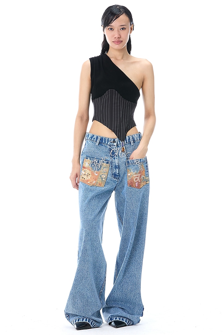 Black Polyester Pinstriped One-Shoulder Corset Top by Kanika Goyal at Pernia's Pop Up Shop