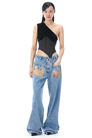 Black Polyester Pinstriped One-Shoulder Corset Top by Kanika Goyal