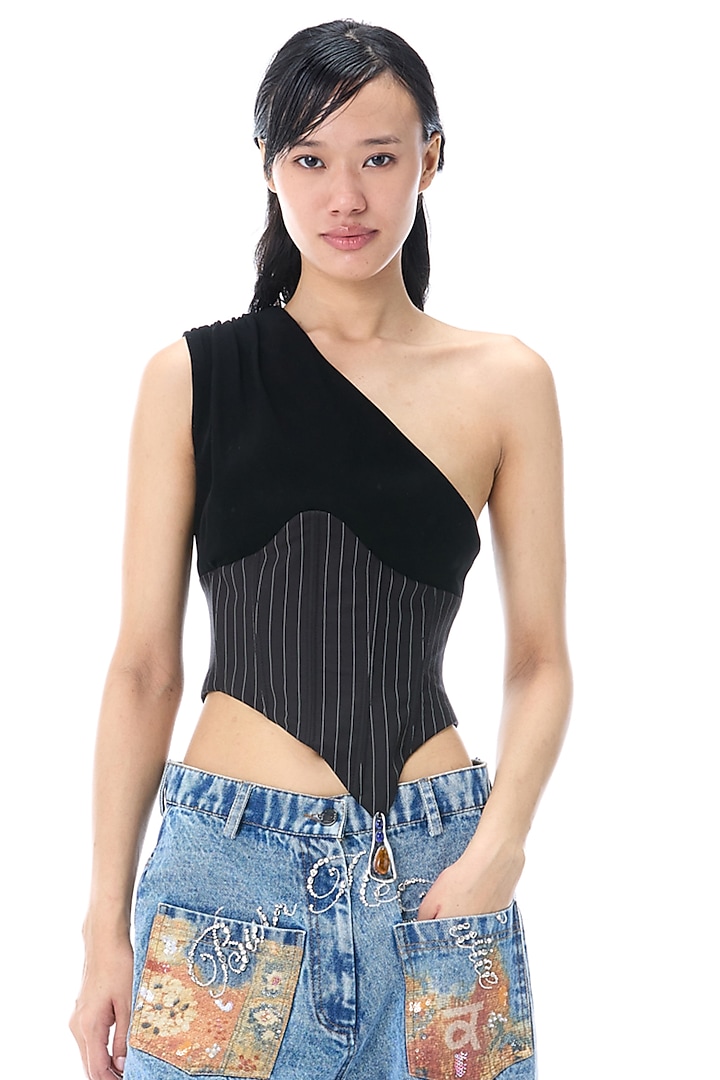Black Polyester Pinstriped One-Shoulder Corset Top by Kanika Goyal at Pernia's Pop Up Shop